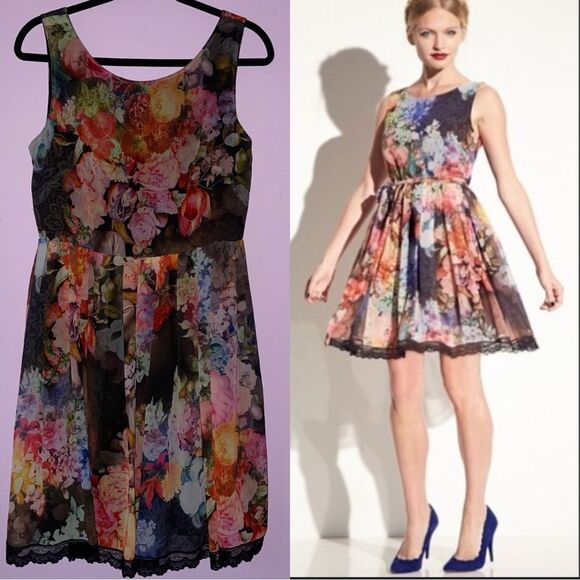 Betsey Johnson Size 12 Mini Dress Black Rainbow Floral Lace Dark Fairy Cottage - Picture 1 of 9